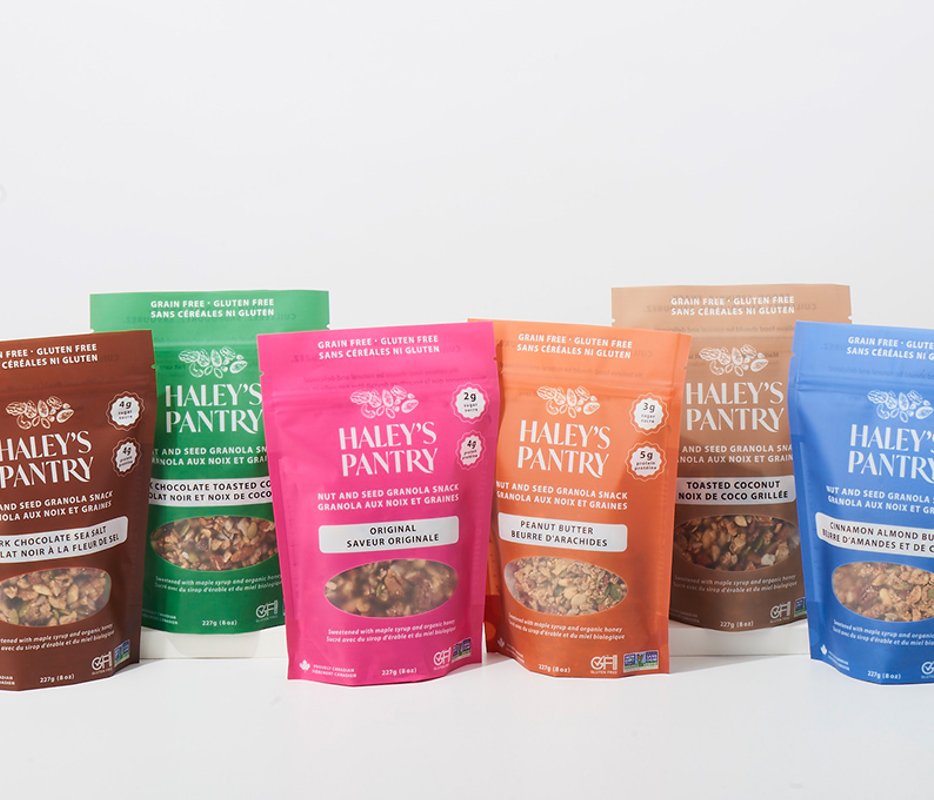 The full Haley's Pantry granola lineup in colorful packaging