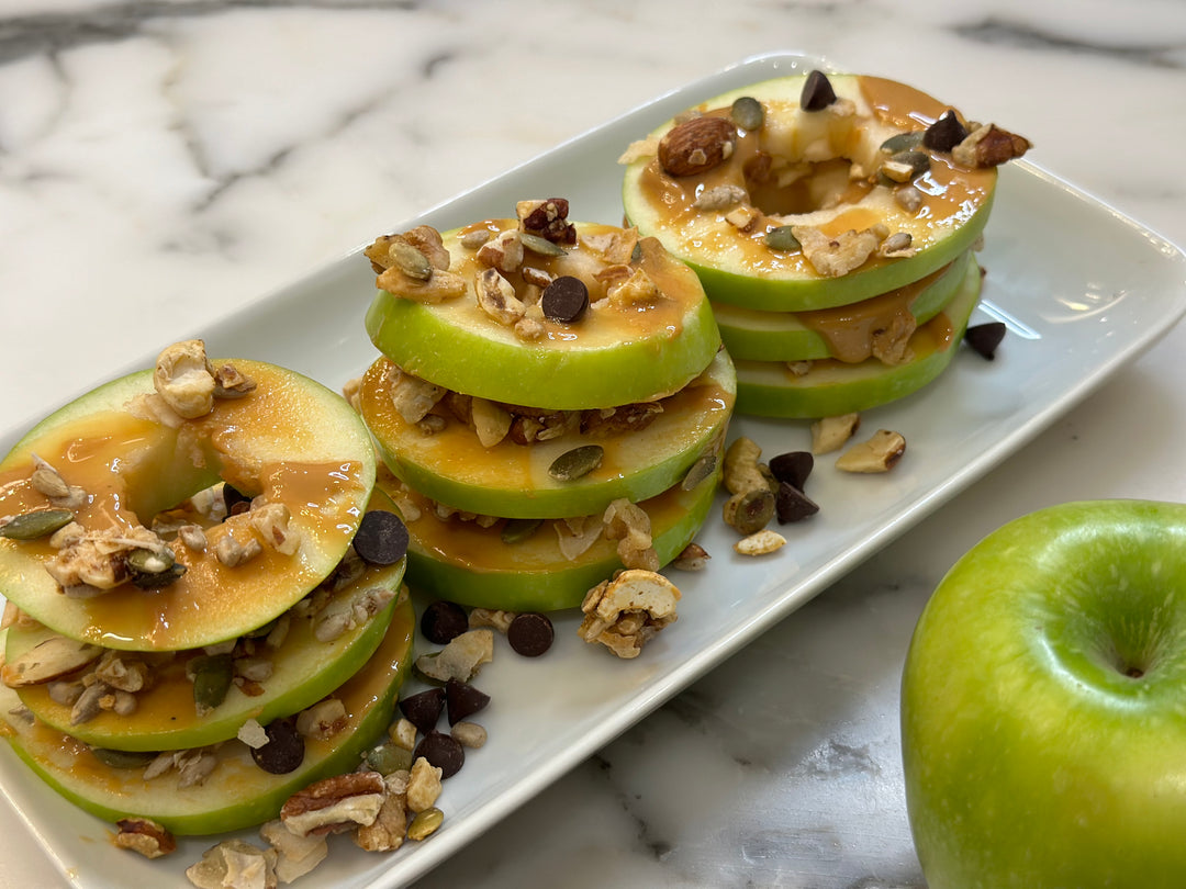 Granny Smith Apple Stacks with Peanut Butter & Dark Chocolate Granola