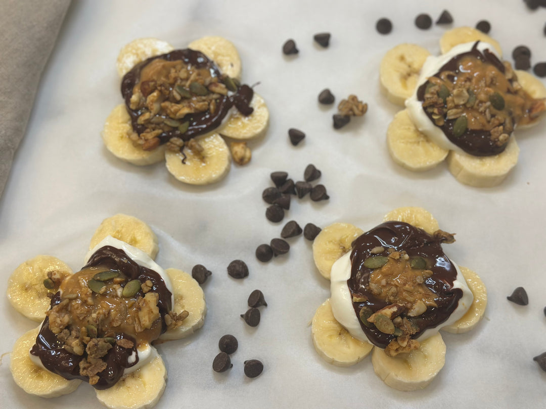 Banana Bark Flowers with Yogurt, Chocolate & Granola