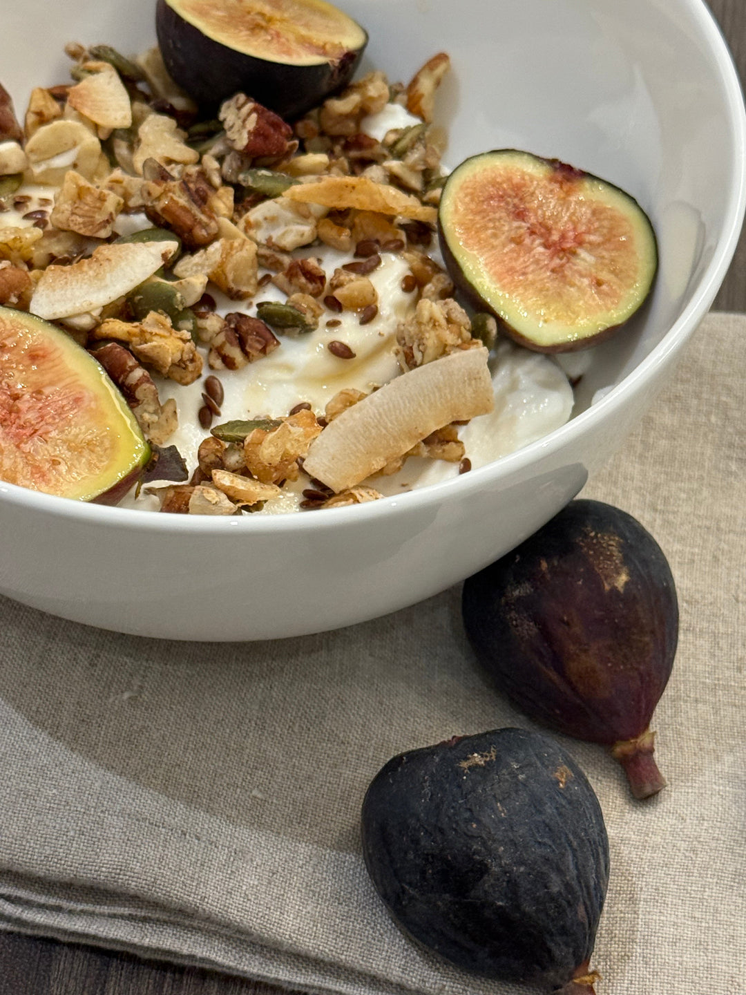 Greek Yogurt Bowl with Fresh Figs, Toasted Coconut Granola & Honey