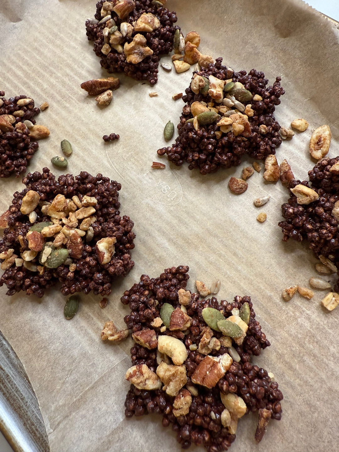 Dark Chocolate Puffed Quinoa Clusters with Peanut Butter Granola Crunch